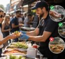 Person buying food from a clean street food stall.