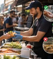 Person buying food from a clean street food stall.