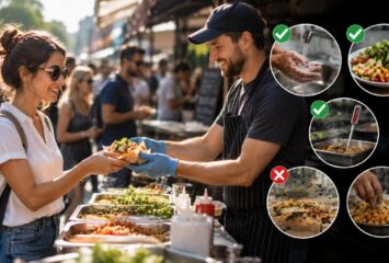 Person buying food from a clean street food stall.