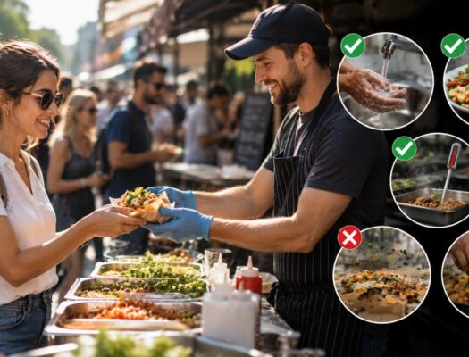 Person buying food from a clean street food stall.