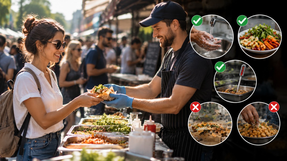 Person buying food from a clean street food stall.