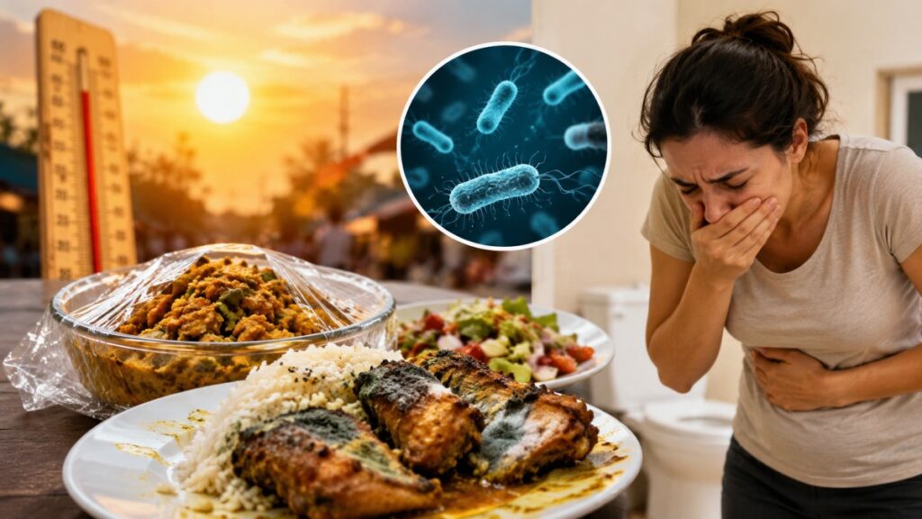Spoiled food and a sick person showing food poisoning.