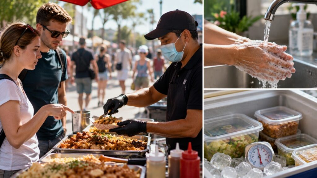 Clean street food stall with safe food handling.