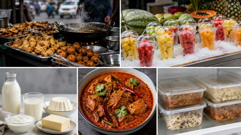 Street food, cut fruit, dairy, spicy food, and leftovers to avoid in summer.