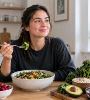 Young woman enjoying a fiber-rich salad with fresh fruits and vegetables.