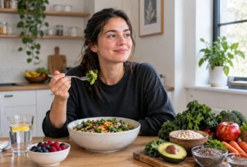 Young woman enjoying a fiber-rich salad with fresh fruits and vegetables.