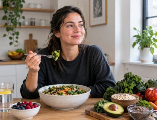 Young woman enjoying a fiber-rich salad with fresh fruits and vegetables.