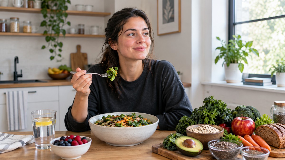 Young woman enjoying a fiber-rich salad with fresh fruits and vegetables.
